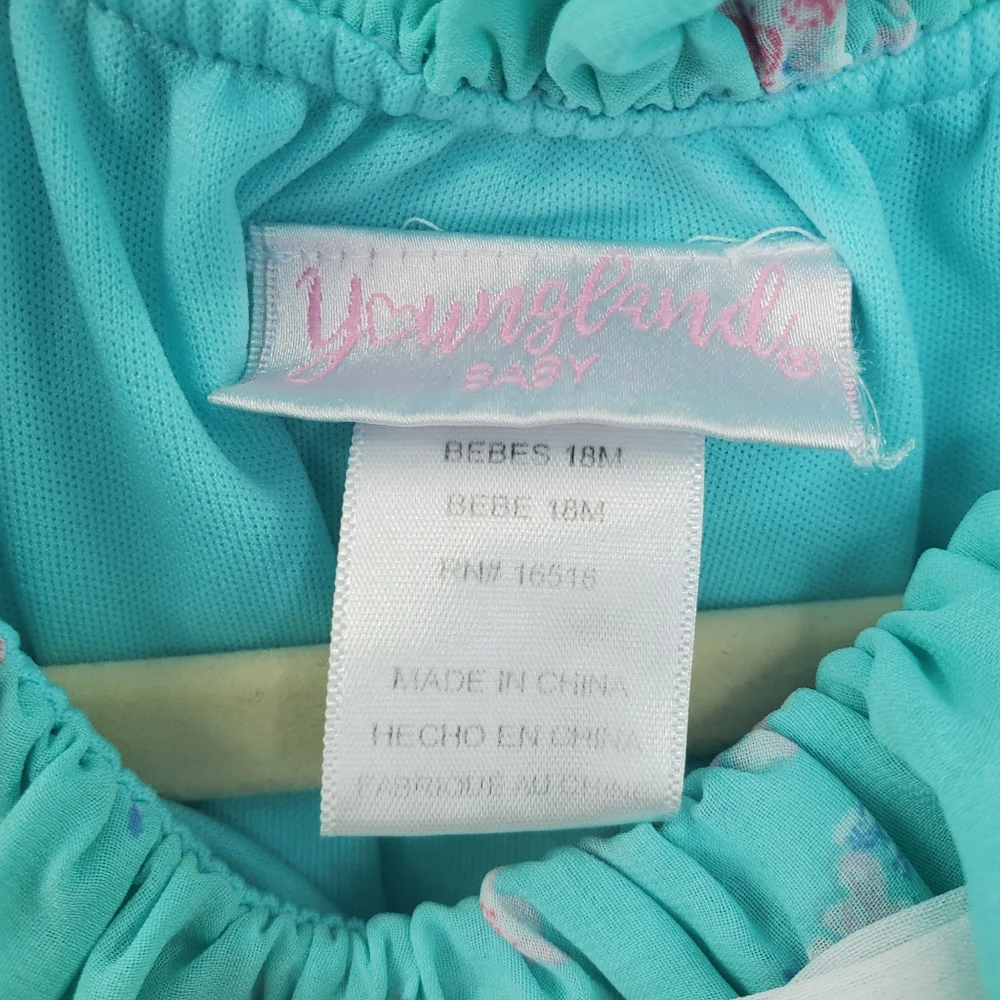 Younglands Baby Teal Floral Dress Bow Front Shift - Picture 4 of 5
